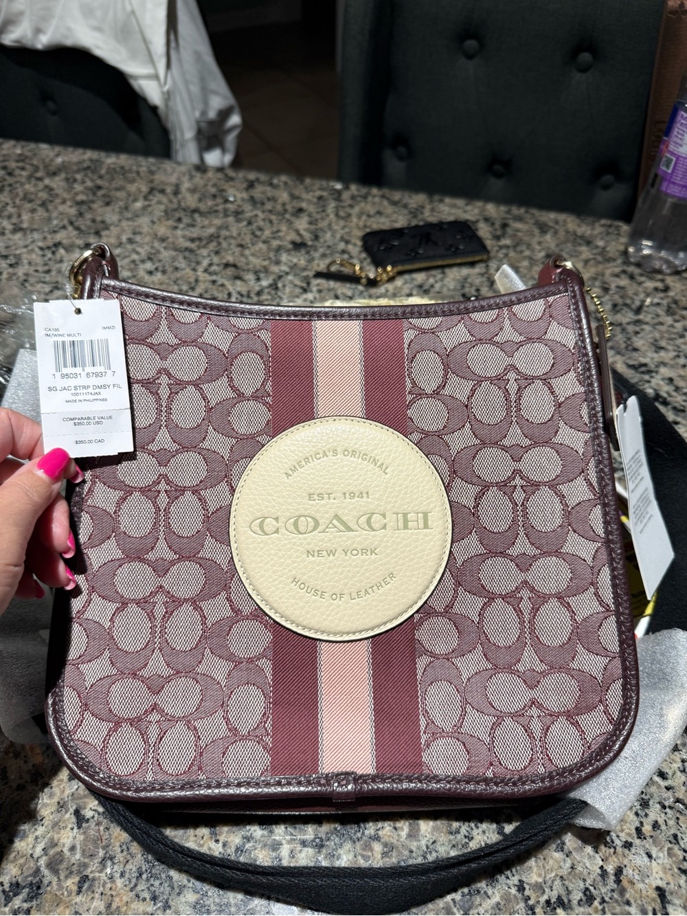 NWT Coach Dempsey File Bag Signature Jacquard Stripe Wine Multi Crossbody CA195